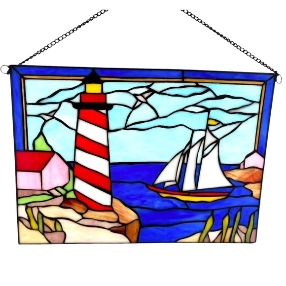 Hanging Rectangle Stained Glass Sailboat Lighthouse Nautical Harbor Scene 16x12” - Picture 2 of 11